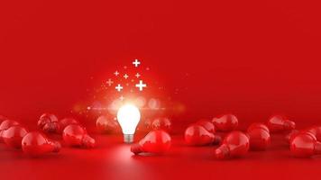bombillas de luz sobre fondo rojo. concepto de pensamiento de idea positiva. ilustración 3d video