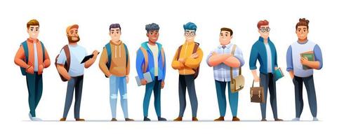 conjunto de personajes de estudiantes de hombres jóvenes en estilo de dibujos animados vector