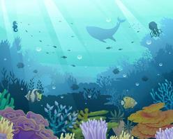 ilustración de vida marina submarina. mundo submarino con animales del océano marino y fondo de silueta de arrecifes de coral vector