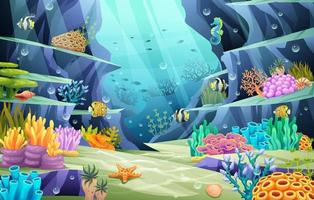 Undersea ocean world illustration. Underwater life with fishes and coral reefs on a blue sea background vector