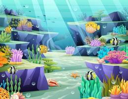 ilustración de dibujos animados del mundo submarino del océano. vida submarina con peces y arrecifes de coral en un fondo marino azul vector