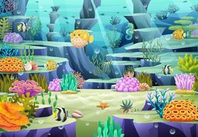 Undersea marine life illustration. Underwater world with sea ocean animals, coral reef and seashell in cartoon style