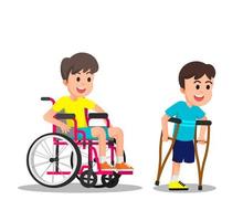 Children with disabilities who use wheelchairs and crutches vector