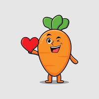 linda zanahoria de dibujos animados con un gran corazón rojo vector