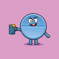 Pill medicine cartoon character with beer glass vector