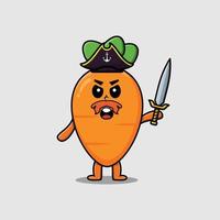 Pirata de zanahoria de dibujos animados lindo con sombrero y espada de sujeción vector