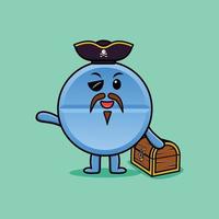 cartoon Pill medicine pirate with treasure box vector