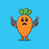 Cartoon carrot holding bomb with scared expression vector