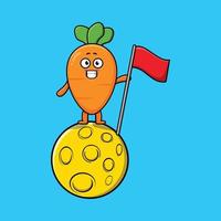 Cute cartoon Carrot standing on the moon with flag vector