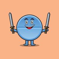 Cute cartoon Pill medicine holding two sword vector