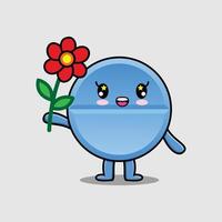 Cute cartoon pill medicine holding red flower vector