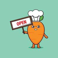 Cute cartoon carrot character hold open sign board vector