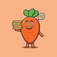 Cute cartoon carrot holding in stacked gold coin vector