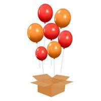 globos con caja sobre fondo blanco. concepto de diseño realista caja de cartón abierta, liberando globo de helio. celebrar un cumpleaños, afiche, pancarta feliz aniversario. globos de objetos 3d vectoriales vector