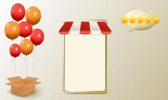 Smartphone online shopping with balloons and box, mobile phone and balloons 3d vector design. Chat speech bubble with a stars. Vector illustration