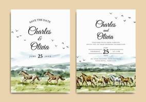 invitación de boda de caballos corriendo en sabana naturaleza paisaje acuarela vector