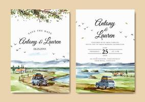 Wedding invitation set of road trip with beach view watercolor vector