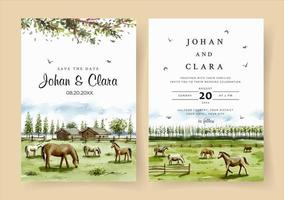 invitación de boda de acuarela de paisaje de granja de caballos vector