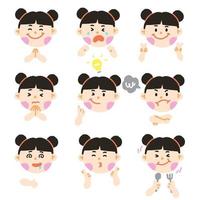 Cute Chinese Asian Girl Black Hair Eye Kids Child Children Shcool Different Expression Emotion Emotional Emoticon Hands Doodle Character Feelings Faces Collection Set Icon Vector Illustration