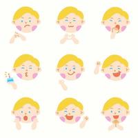 lindo cabello rubio ojo azul niño niños diferentes expresión emociones emocional emoticono mano garabato carácter sentimientos caras colección conjunto icono vector ilustración