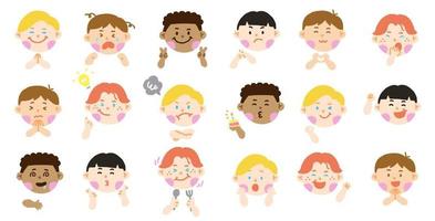 mezclar diferentes varios nacionalidad diversidad diversos niños niños diferentes expresión emociones emocional emoticono mano garabato carácter sentimientos caras colección conjunto icono vector ilustración