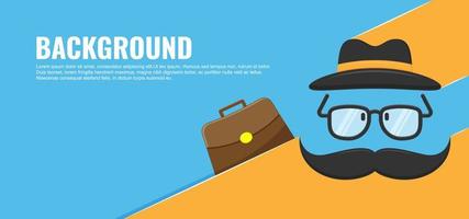 Father is day background with hat, briefcase, glasses, moustache elements like face on a light blue and orange background. Background with free space for text