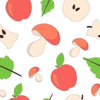 Seamless Pattern with Apples and Mushrooms. For paper, cover, fabric, gift wrapping, wall art, interior decor. Vector illustration.