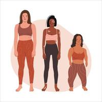 Body positive movement and beauty Diversity, Equality, Inclusion. Vector illustration of pretty Women of Diverse ages, Height and Body types, standing in sportswear. Flat vector illustration.