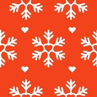 White Snowflakes and hearts on Red background. Vector Seamless Pattern for Continuous replicate. Christmas falling Snowflake on Red backdrop. Concept of winter holiday.