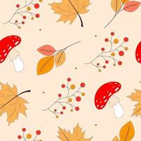 Seamless Autumn Pattern from mushrooms, rowan twigs and leaves.  Perfect for wallpaper, gift paper, Pattern fill, web page background, Autumn greeting cards. Vector illustration.