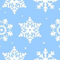 White Snowflakes on blue background. Vector Seamless Pattern for Continuous replicate. Christmas falling Snowflake on blue backdrop. Concept of winter holiday.