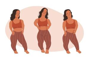Cute Undersized woman standing in sportswear. Girl Midget. Body positive movement and beauty Diversity, Equality, Inclusion. Vector isolated illustration.