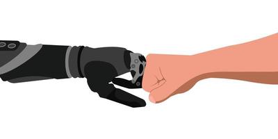 Robot Hand and Human Hand. Intelligence Technology. Symbol of future cooperation, technological progress, innovation. Concept of Diversity and Inclusion people. Flat design vector illustration.