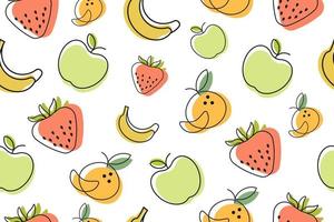 patrón sin costuras de frutas con íconos de alimentos saludables y de moda. frutas cítricas tropicales frescas dibujadas a mano. patrón de alimentos para impresión, textil, tela, papel de envolver, papel tapiz. ilustración vectorial, estilo de esquema. vector