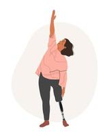 Disabled Woman living full life. A Woman doing Yoga thanks to a modern Prosthesis. People with Disabilities, Prosthesis, amputation, inclusion. Vector illustration.