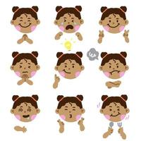 Cute African American Black Girl Hair Eye Kids Child Children Shcool Different Expression Emotion Emotional Emoticon Hands Doodle Character Feelings Faces Collection Set Icon Vector Illustration