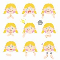 Cute Europe American Girl Blond Hair Blue Eye Kids Child Children Shcool Different Expression Emotion Emotional Emoticon Hands Doodle Character Feelings Faces Collection Set Icon Vector Illustration