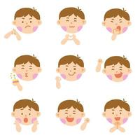 Cute Brown Brunette Hair Brown Eye Boy Kids Children Different Expression Emotions Emotional Emoticon Hand Doodle Character Feelings Faces Collection Set Icon Vector illustration