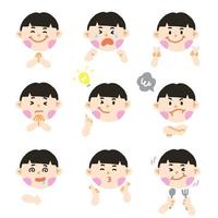 lindo chino asiático niño pelo negro ojo niños niño niños shcool diferente expresión emoción emocional emoticono manos garabato carácter sentimientos caras colección conjunto icono vector ilustración