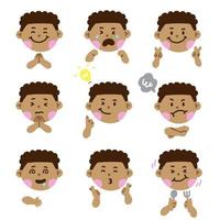 Cute African American Black Boy Hair Eye Kids Child Children Shcool Different Expression Emotion Emotional Emoticon Hands Doodle Character Feelings Faces Collection Set Icon Vector Illustration