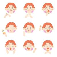 Cute Red Hair Blue Eye Boy Kids Children Different Expression Emotions Emotional Emoticon Hand Doodle Character Feelings Faces Collection Set Icon Vector illustration