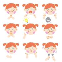 Cute Scottish Irish Girl Red Hair Blue Green Eye Kids Child Children Shcool Different Expression Emotion Emotional Emoticon Hand Doodle Character Feelings Faces Collection Set Icon Vector Illustration