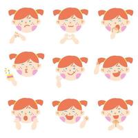 Cute Red Hair Blue Eye Girl Kids Children Different Expression Emotions Emotional Emoticon Hand Doodle Character Feelings Faces Collection Set Icon Vector illustration