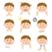 Cute Asian Boy Long Brown Hair Eye Kids Child Children Shcool Different Expression Emotion Emotional Emoticon Hands Doodle Character Feelings Faces Collection Set Bundle Icon Vector Illustration