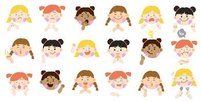 Mix Different Various Nationality Diversity Diverse Girl Kids Children Different Expression Emotions Emotional Emoticon Hand Doodle Character Feelings Faces Collection Set Icon Vector illustration