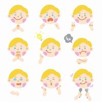 Cute Europe American Boy Blond Hair Blue Eye Kids Child Children Shcool Different Expression Emotion Emotional Emoticon Hands Doodle Character Feelings Faces Collection Set Icon Vector Illustration