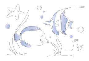 one line aquarium fish. ocean life moorish idol and Hippo Tang. outline sea fishes. cute poster illustrations vector