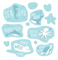 One line marine life sticker set. Underwater outline animals emblem. Line art ocean and sea life lettering collection. vector