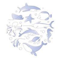 One line sea life set. Underwater outline animals. Line art ocean and sea life collection. vector