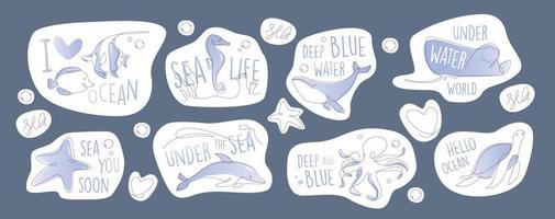 Underwater sticker set One line. outline marine animals emblem. Line art ocean and sea life lettering collection. vector